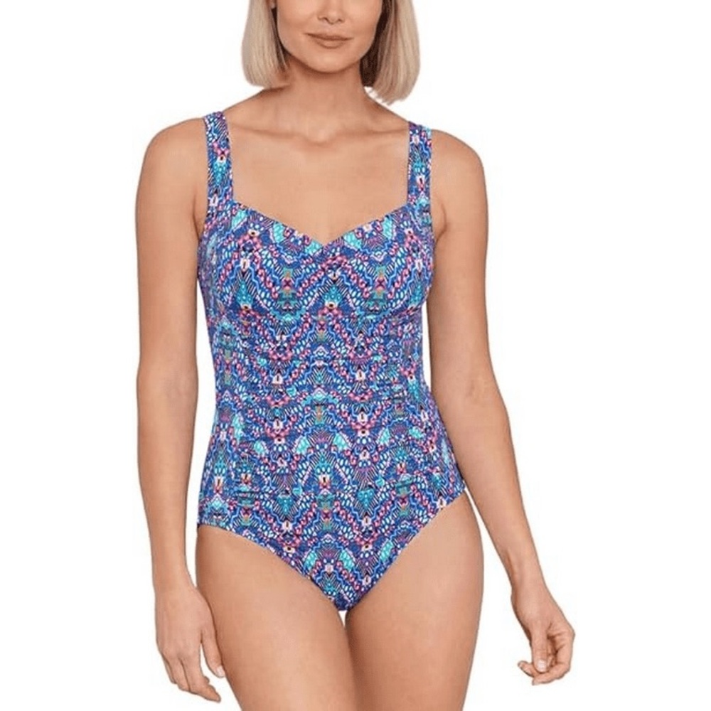 Swim Solutions NAVY MULTI Tummy-Control Shirred One-Piece Swimsuit